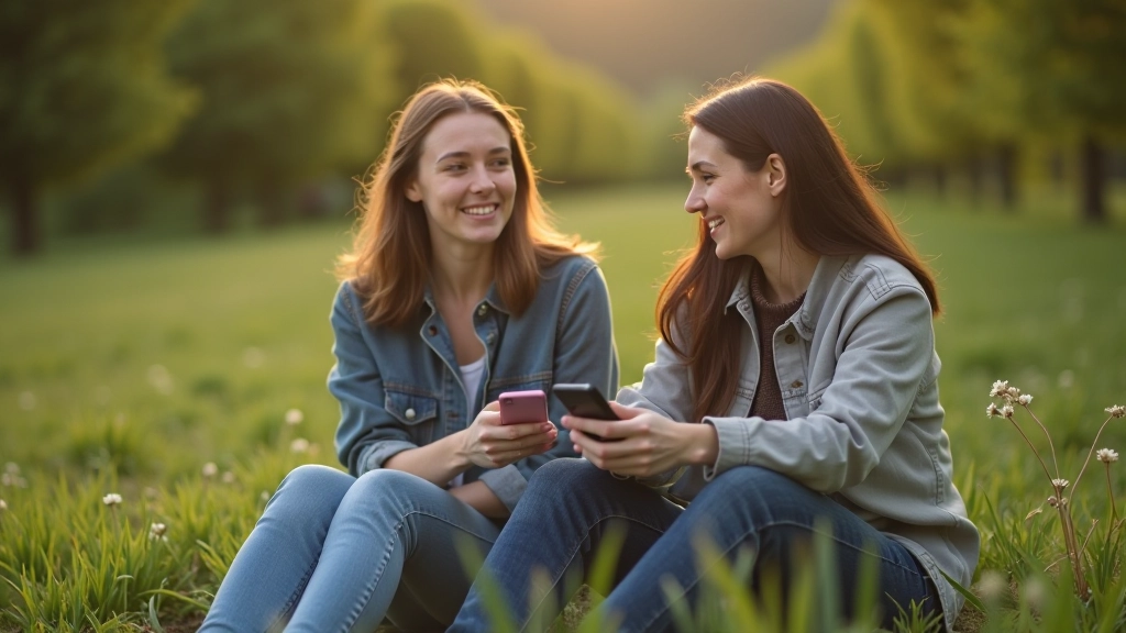 Friends sitting together outdoors without phones, relaxed and present, natural Irish setting